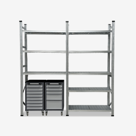 Metāla plauktu komplekts ar instrumentu ratiņiem, 2500x2485x600, 2 sekcijas, 8 plaukti