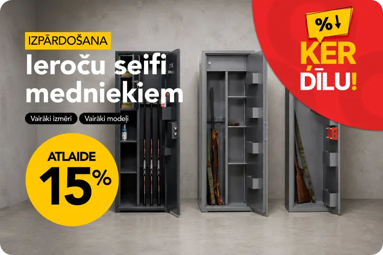 Reklāmas baneris ar ieroču seifiem medniekiem un tekstu - Izpārdošana ieroču seifiem medniekiem ar atlaidi 15%