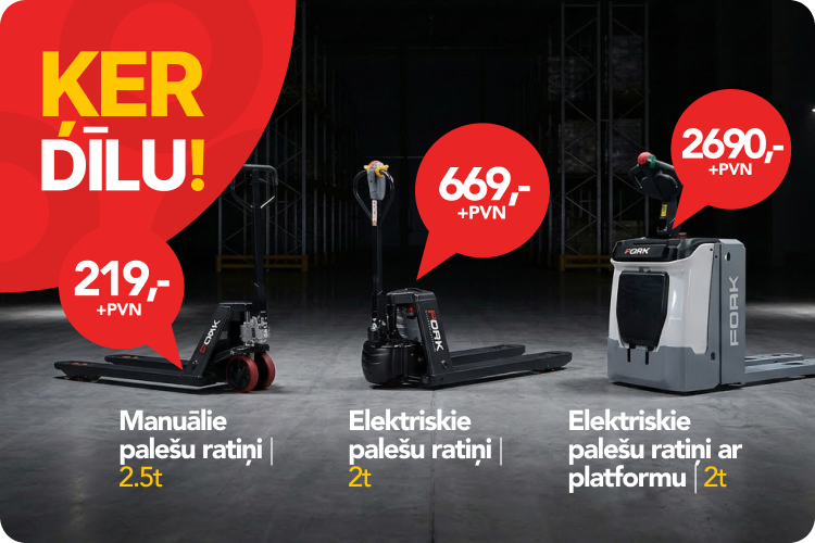 Trīs FORK palešu ratiņu veidi noliktavā