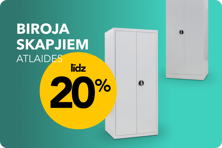 Reklāmas baneris ar diviem baltiem biroja metāla skapjiem un uzrakstu "Biroja skapjiem atlaide līdz 20%"